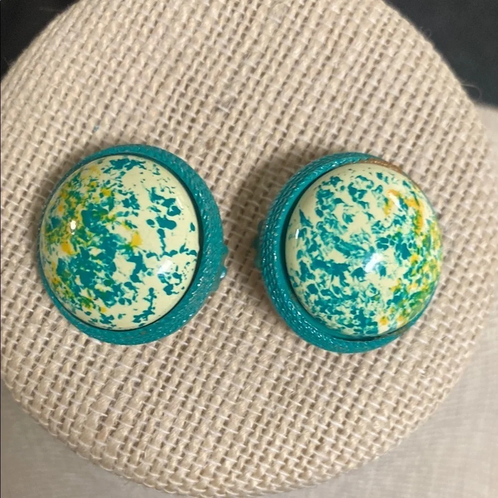 Teal and Yellow Marbled Button Clip  Earrings